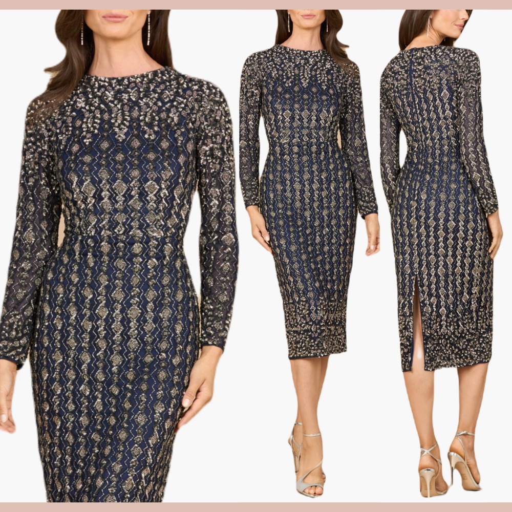 NEW $550 LARA‎ NY [ 14 ] Beaded Midi Dress with Long Sleeves in Navy Blue #J1987